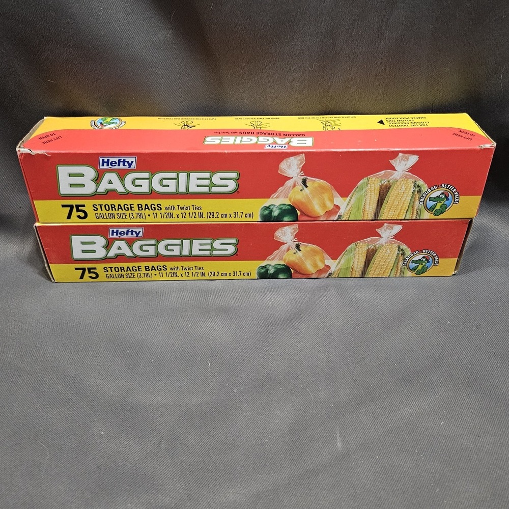 HEFTY BAGGIES 2 LOT  Food Storage Gallon Size Bags‎ 75 Count + Twist off Ties